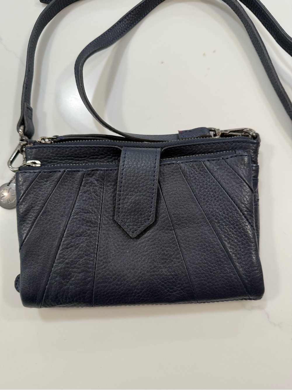 Lucky Brand Navy Blue Pebbled Leather Organizer Crossbody Bag Wallet Purse
